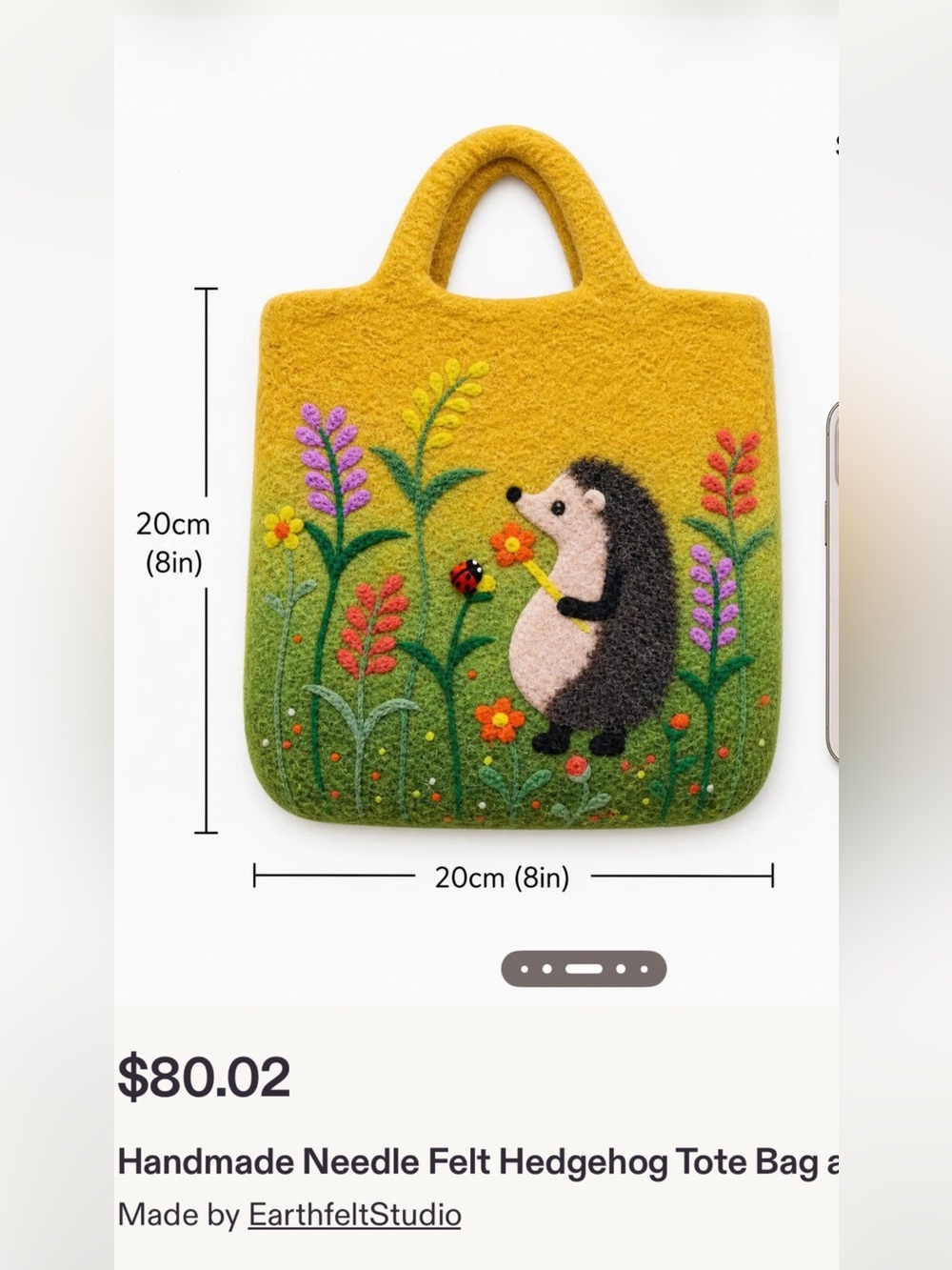 Yellow hand Felted Hedgehog Tote Bag BRAND NEW, storage bag and key chain gift